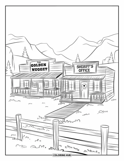 Coloriage Western pour enfants : Une ville simple avec un saloon et un bureau de shérif est située près des arbres et des montagnes