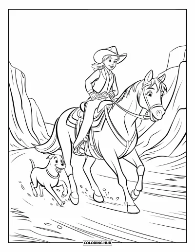 Coloriage Western pour enfants : Une cowgirl souriante galope devant des falaises rocheuses tandis que son chien court à ses côtés