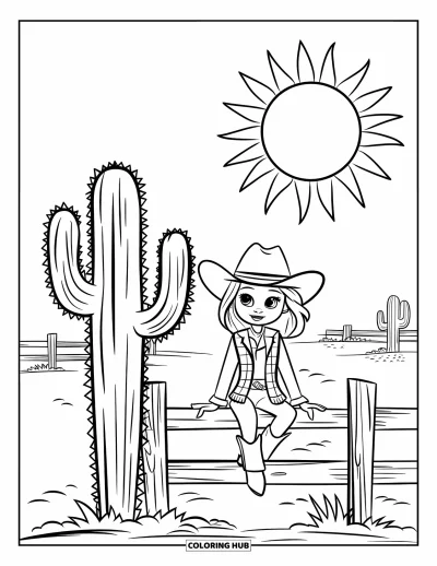 Coloriage Western pour enfants : Une cowgirl souriante est assise sur une clôture à côté d'un cactus sous le soleil chaud du désert