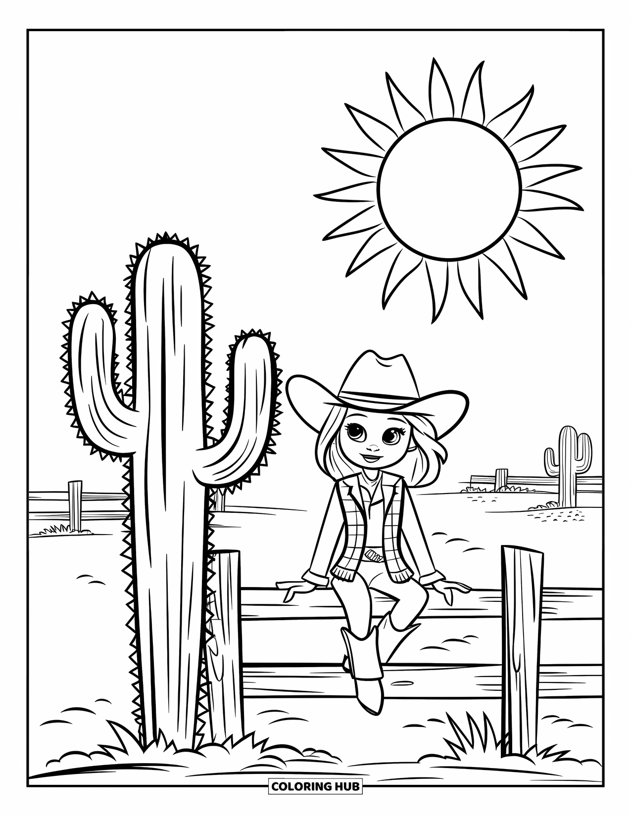 Western Kleurplaat voor Kinderen: Een lachende cowgirl zit op een hek naast een cactus onder de hete woestijnzon