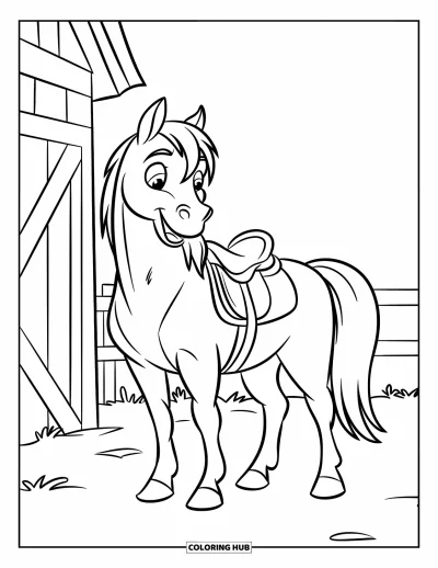 Coloriage Western pour enfants : Un cheval souriant se tient près d'une grange et d'une clôture, prêt pour une journée ensoleillée
