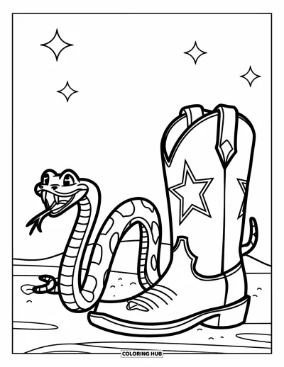Coloriage Western pour enfants : Un serpent glisse devant une botte de cowboy sous un ciel désertique étoilé et tranquille