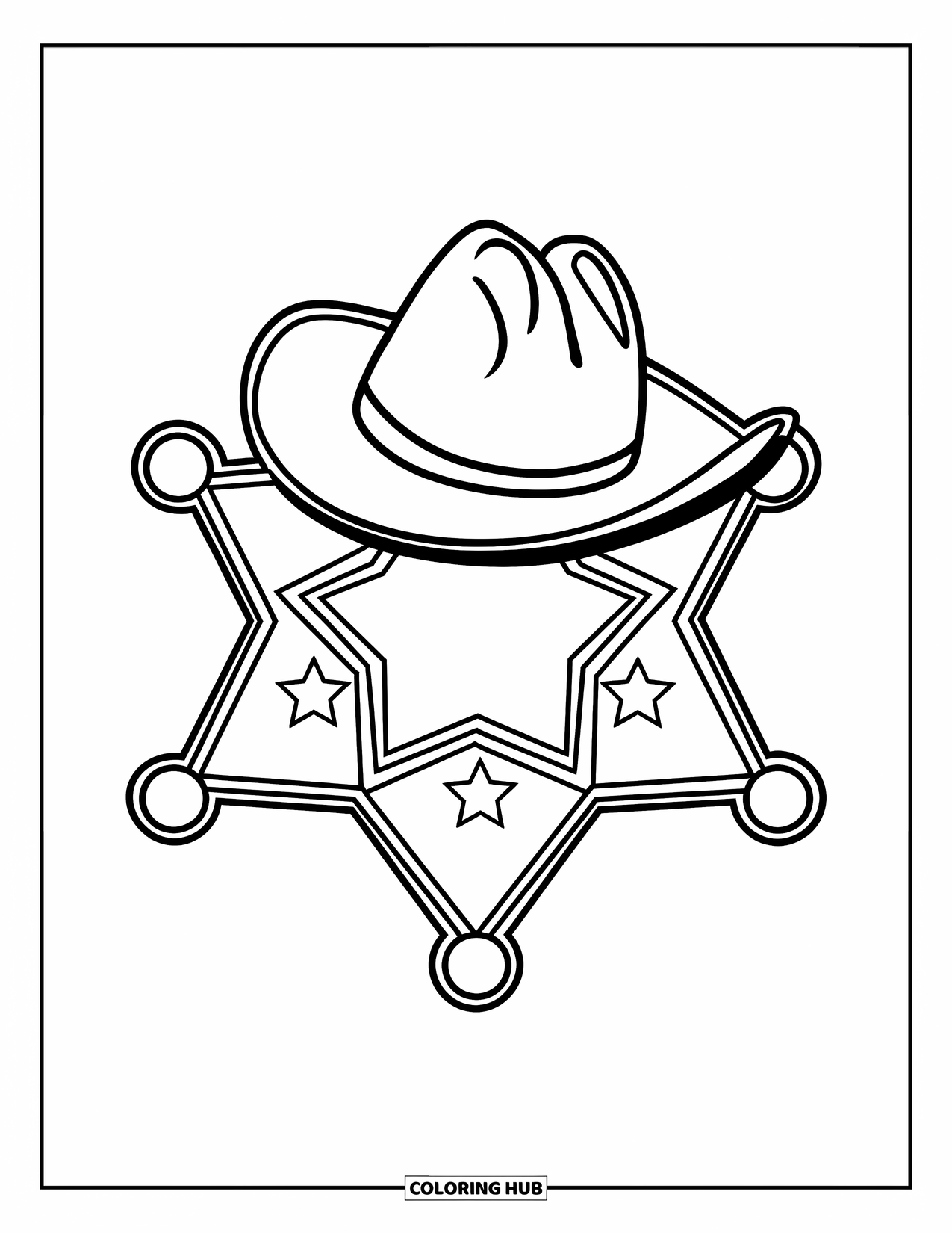 Western Kleurplaat voor Kinderen: Een sterbadge met een klein westernhoedje valt op op een witte pagina