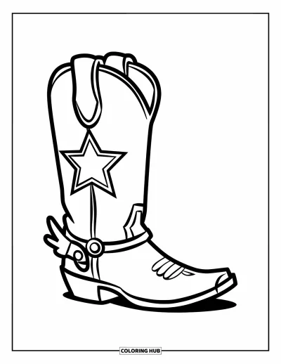 Coloriage Western pour enfants : Une botte marquée d'une étoile avec un éperon est dessinée en traits gras et nets