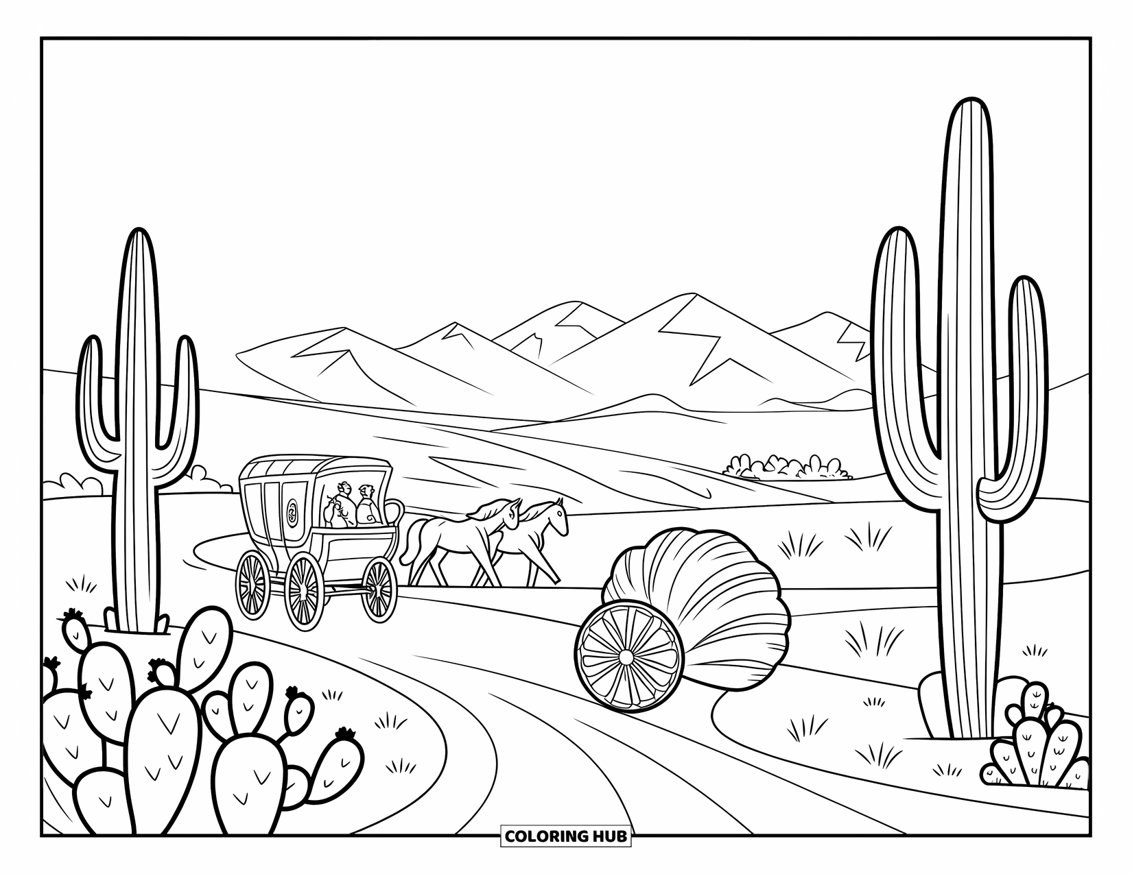 Western Kleurplaat voor Kinderen: Een pad omzoomd met cactussen leidt naar een postkoets en een tumbleweed