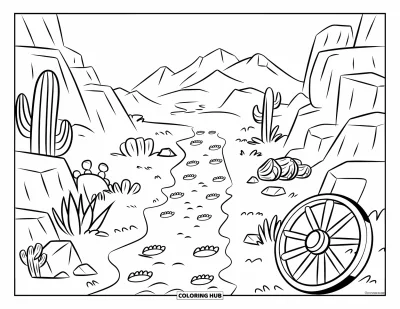 Coloriage Western pour enfants : Un sentier avec des pistes et des cactus mène à des montagnes désertiques lointaines
