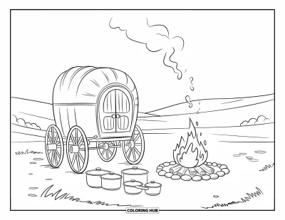 Coloriage Western pour enfants : Un feu chaud crépite à côté d'un chariot de cuisine dans un champ herbeux ouvert