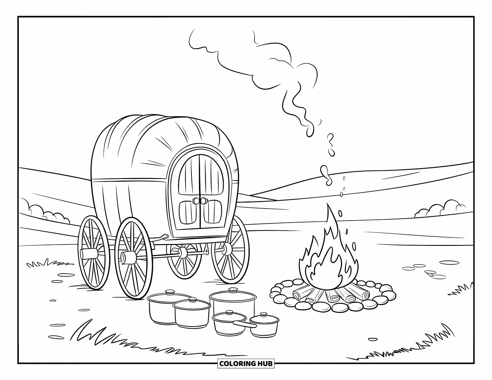 Western Kleurplaat voor Kinderen: Een warm vuur knettert naast een chuckwagon in een open grasveld