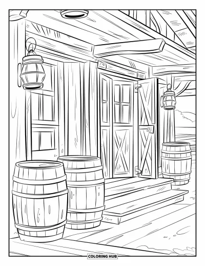 Coloriage Western pour enfants : Un saloon usé se dresse dans la plaine avec des lanternes et des barils à proximité