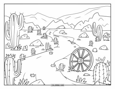 Coloriage Western pour enfants : Un chemin désertique sinueux passe devant des cactus et une vieille roue de chariot