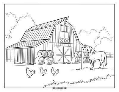 Coloriage Western pour enfants : Une grange en bois avec du foin et des animaux se trouve dans un large champ herbeux