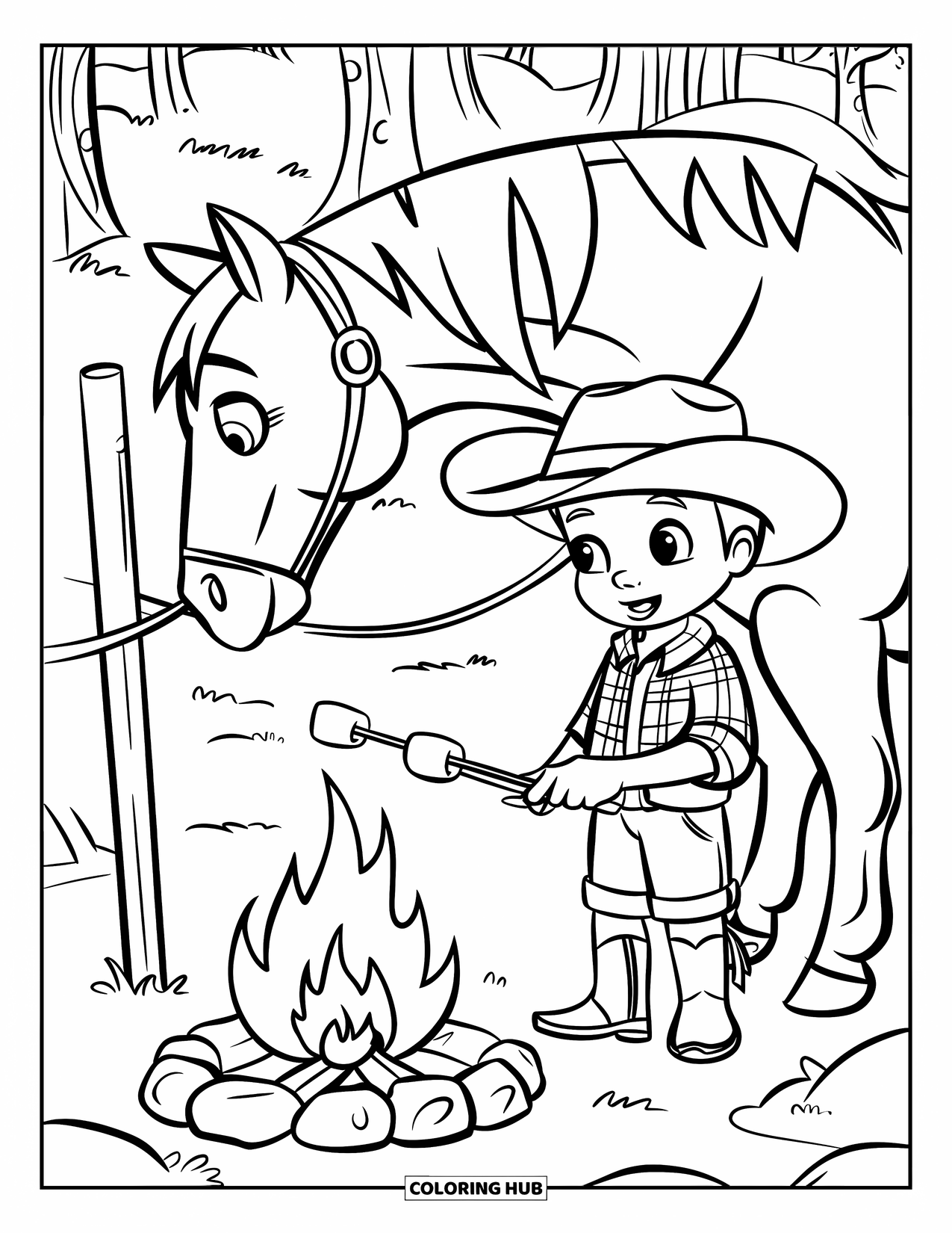 Western Kleurplaat voor Kinderen: Een jonge cowboy roostert marshmallows naast zijn paard in het bos