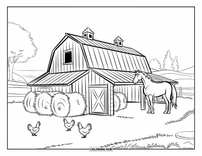 Coloriage Western pour enfants : Des poulets picorent près des balles de foin tandis qu'un cheval attend devant une grange en bois