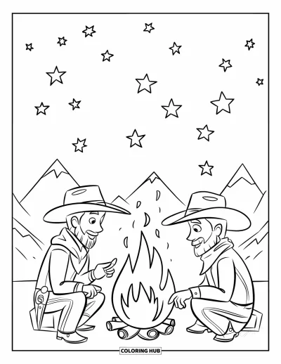 Coloriage Western pour enfants : Des cowboys partagent des histoires près du feu avec des étoiles et des montagnes derrière eux