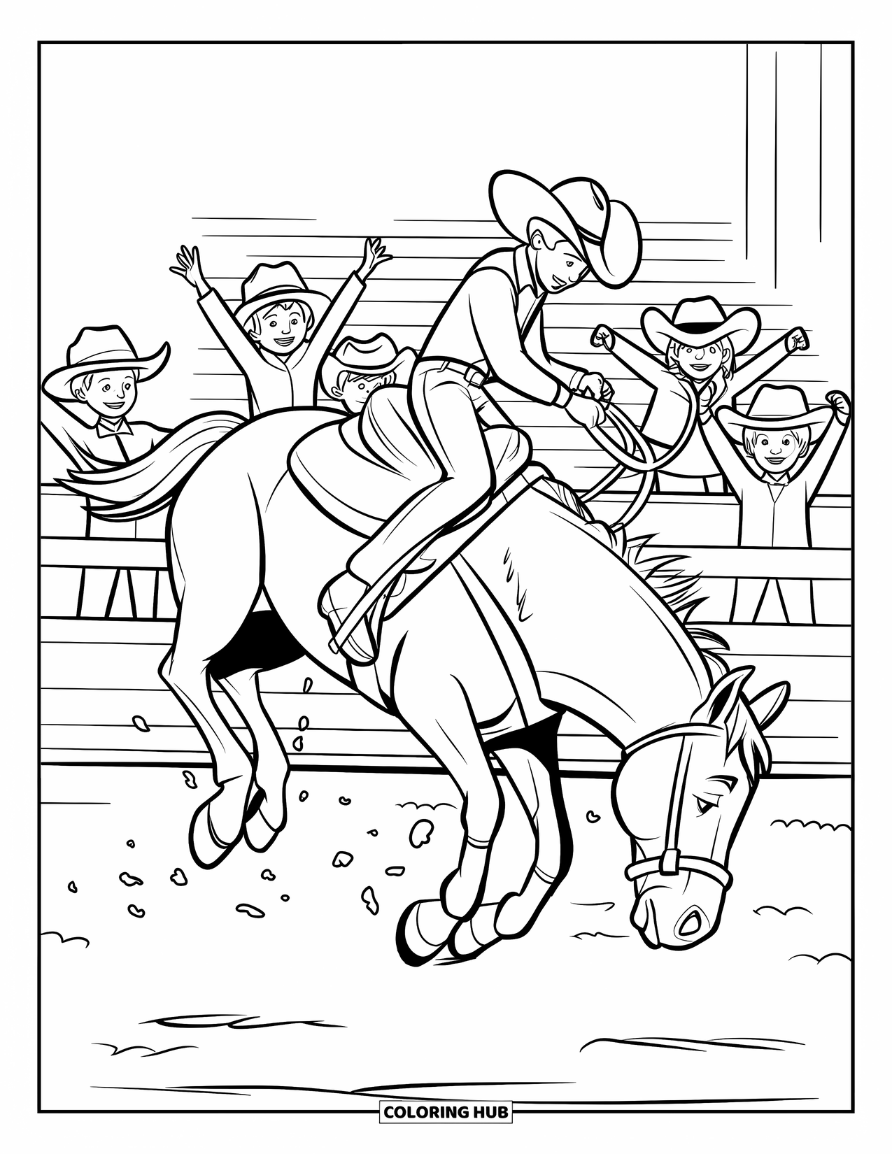 Western Kleurplaat voor Kinderen: Kinderen juichen luid terwijl een cowboy op een steigerende bronco in de arena rijdt