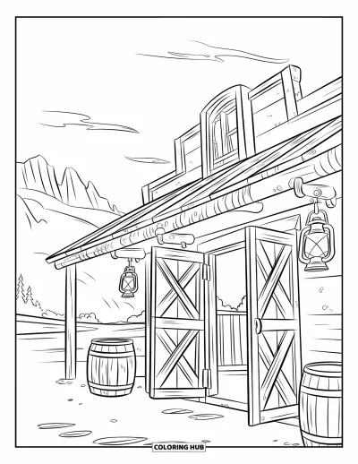 Coloriage Western pour enfants : Des lanternes sont suspendues à l'extérieur d'un saloon western avec une vue sur les montagnes
