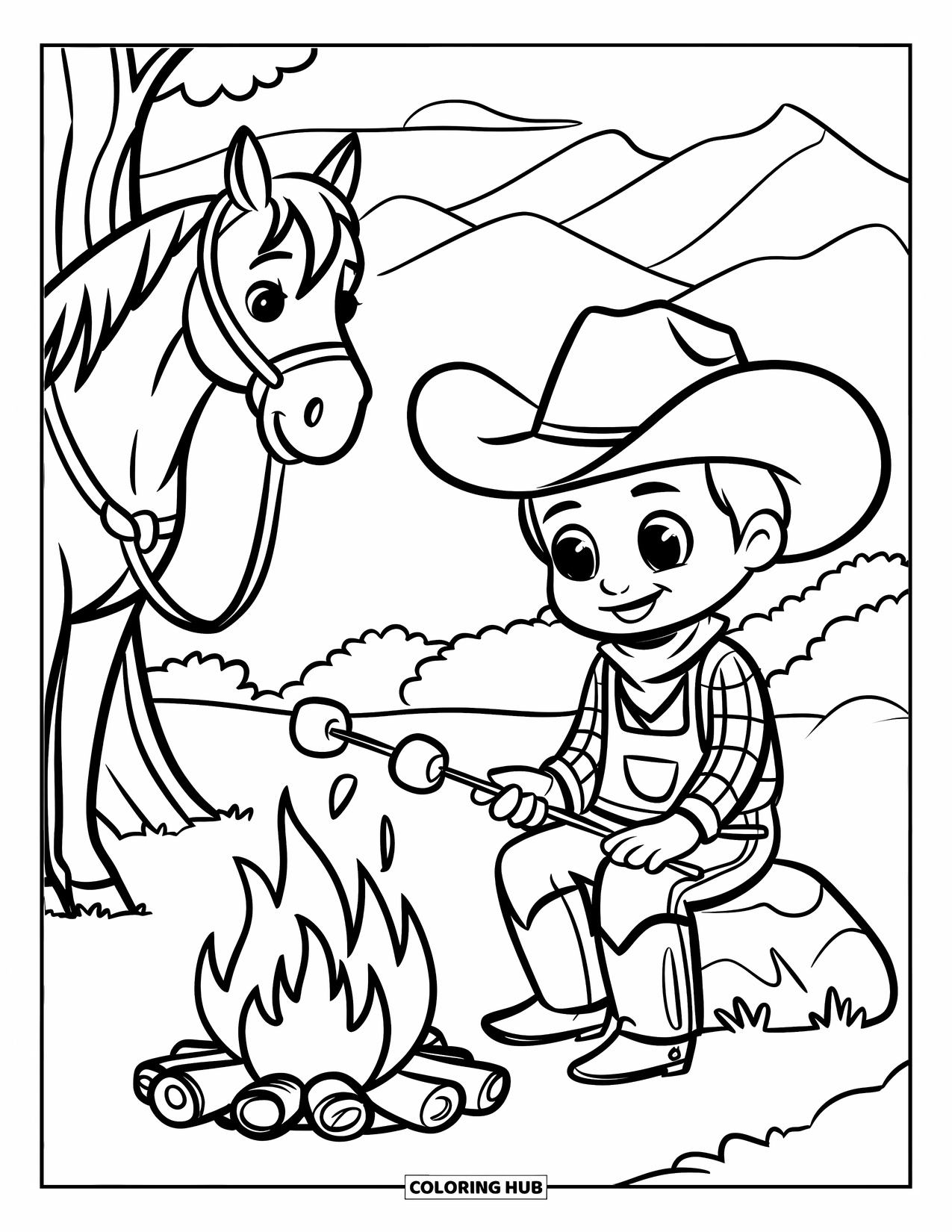 Western Kleurplaat voor Kinderen: Bij het vuur rusten een cowboy en zijn paard in een open plek in het bos