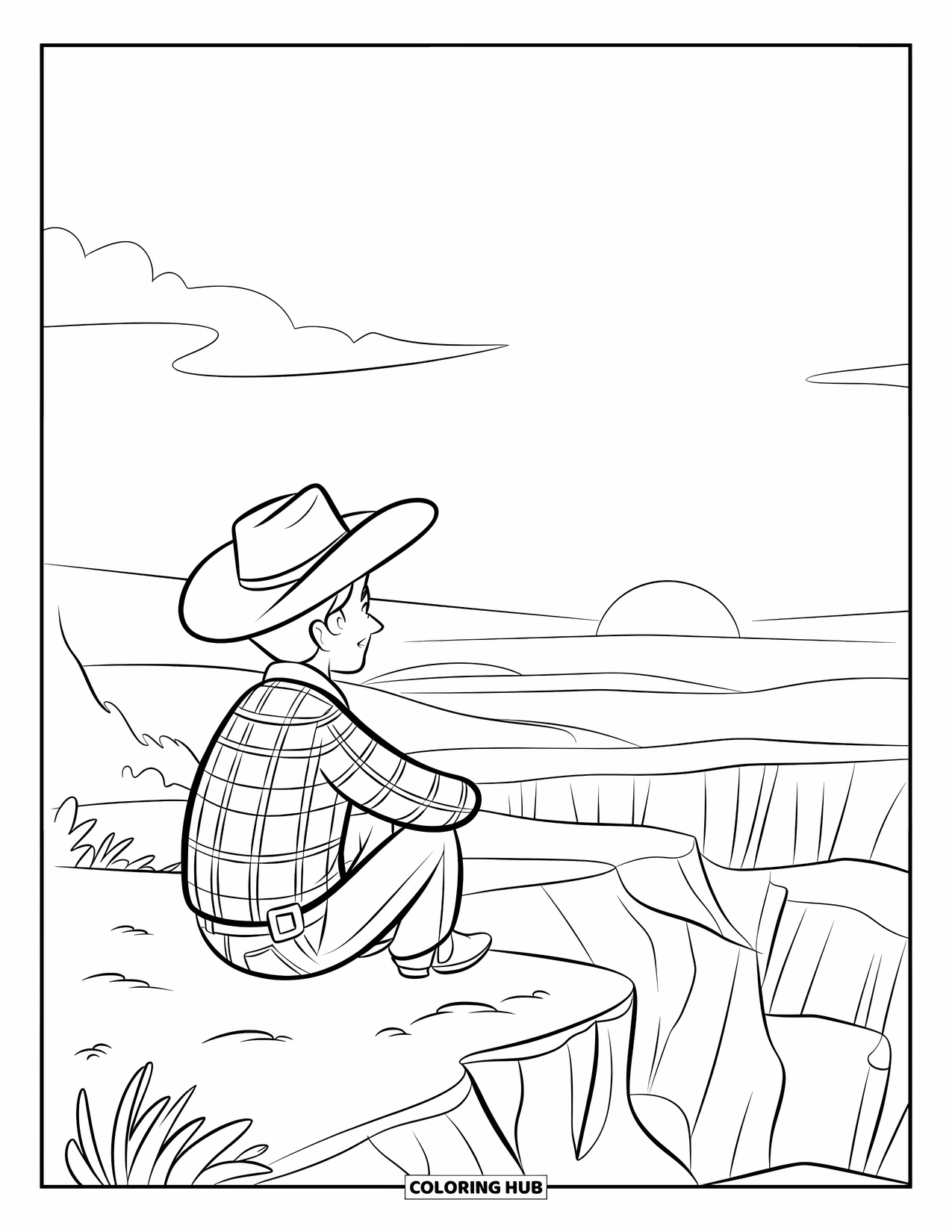Western Kleurplaat voor Kinderen: Zittend op een klif kijkt een cowboy toe hoe de heuvels gloeien in de zonsondergang