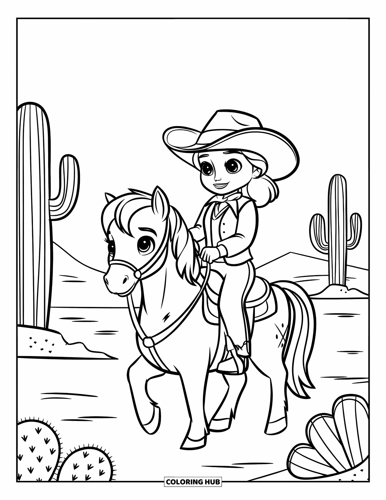 Western Kleurplaat voor Kinderen: De cowgirl en haar pony draven over een met cactussen gevuld woestijnpad