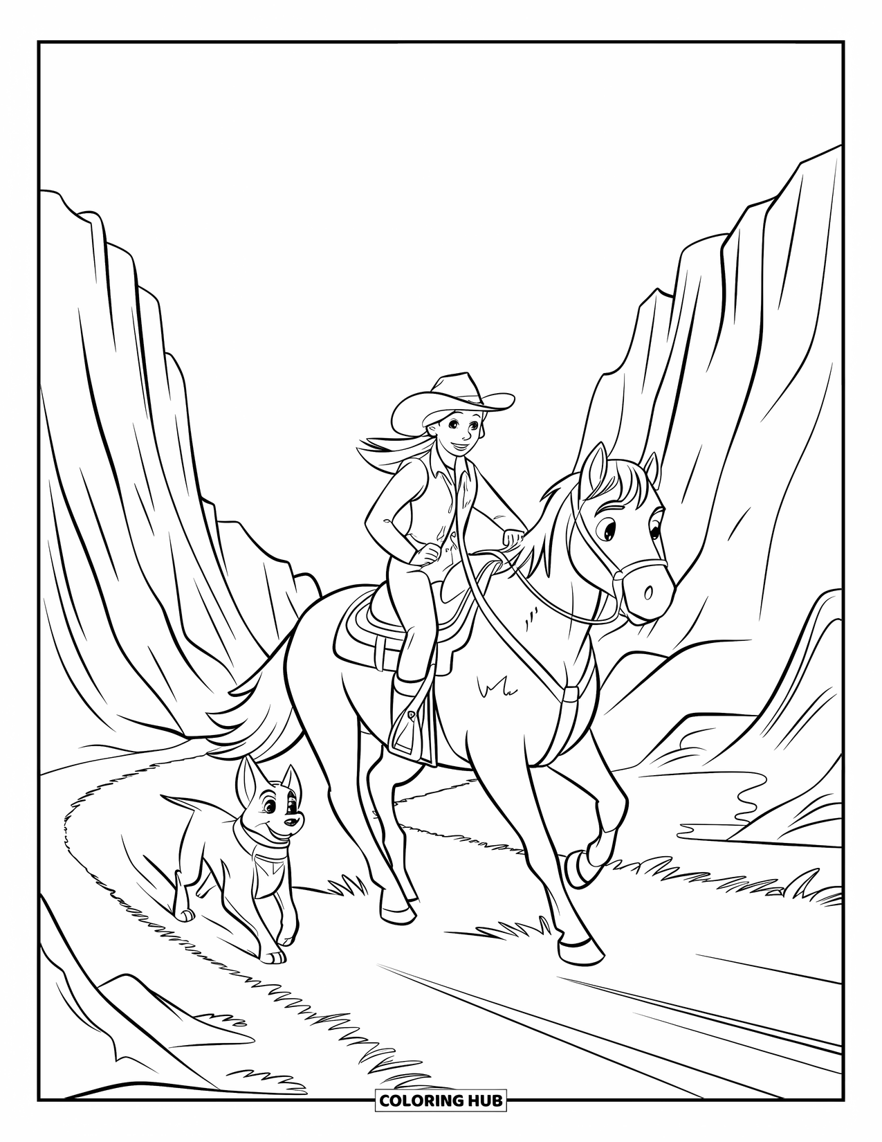 Western Kleurplaat voor Kinderen: Het paard van de cowgirl racet door de canyon terwijl haar hond gelijke tred houdt