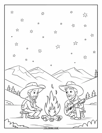 Coloriage Western pour enfants : Deux cowboys sont assis près d'un feu de camp brillant sous un ciel rempli d'étoiles
