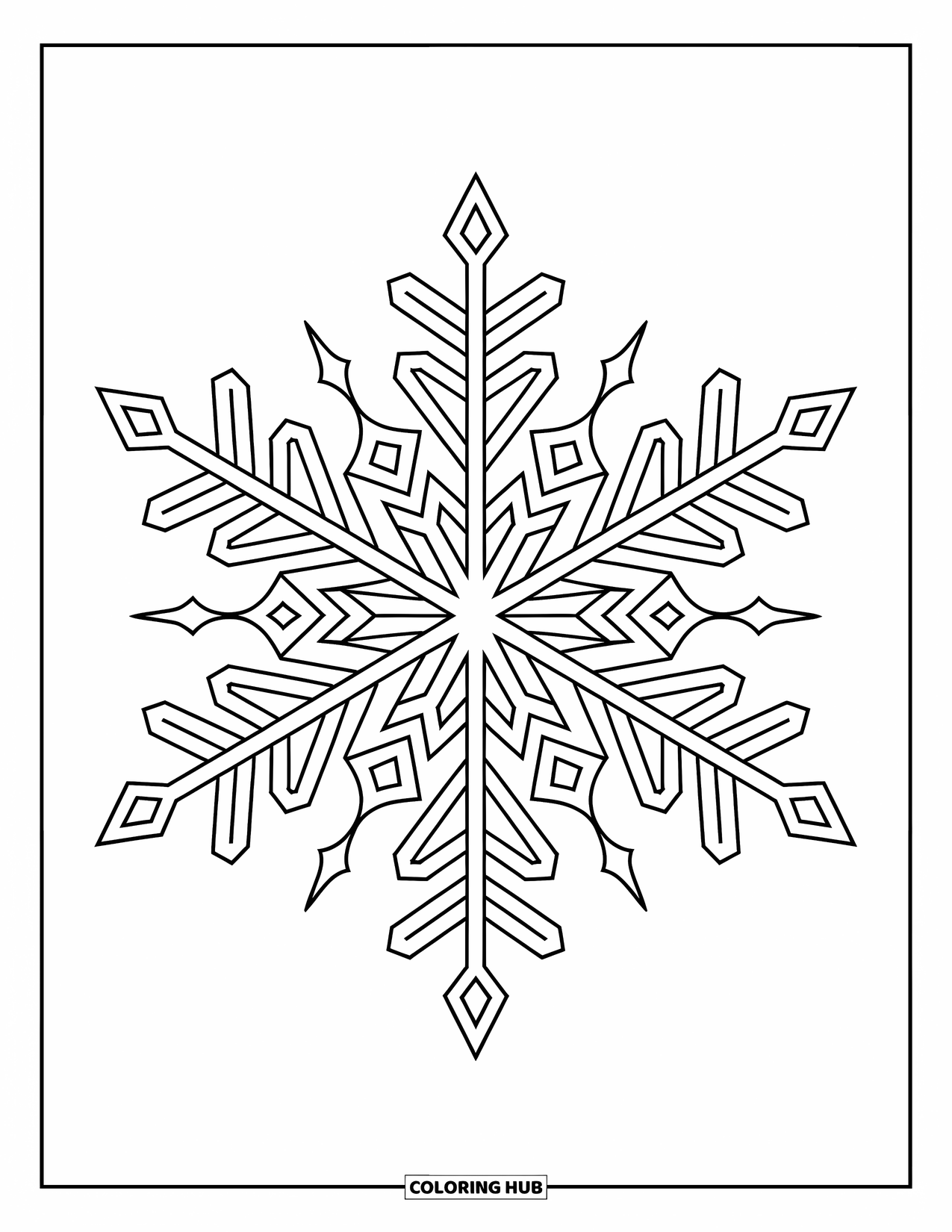 Winter Coloring Page for Adults: A beautifully detailed snowflake with symmetrical patterns and elegant frost-like designs