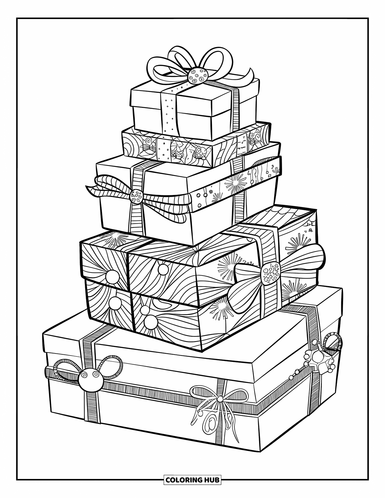 Winter Coloring Page for Adults: A beautifully wrapped holiday gift tower with unique ribbons, festive embellishments, and delicate patterns