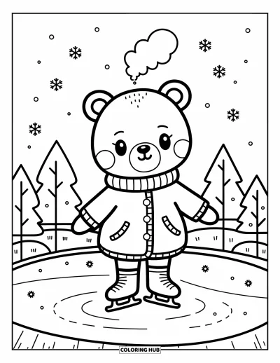 Fargeleggingsark med vinter for voksne: En innpakket chibi-bjørn som prøver å gå på skøyter på en frossen dam, omgitt av fallende snøfnugg og lunefulle trær