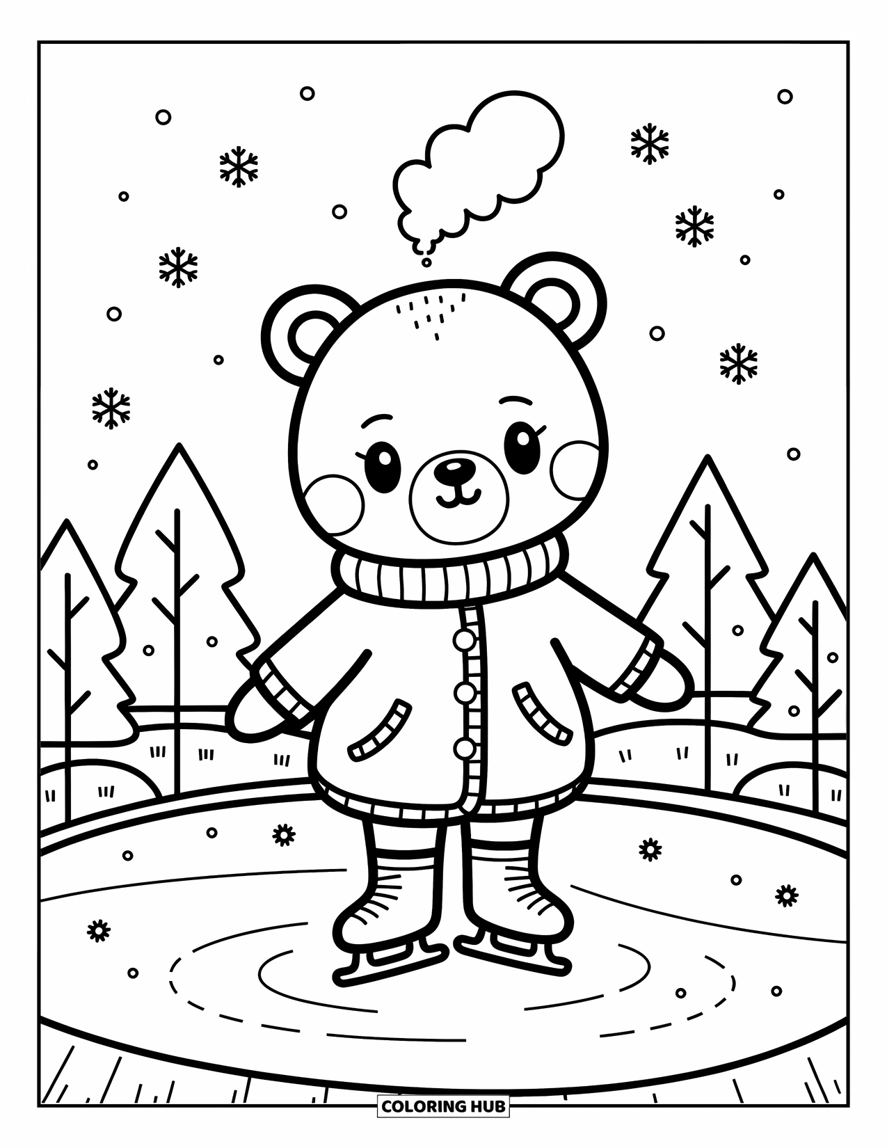 Winter Coloring Page for Adults: A bundled-up chibi bear attempting to ice skate on a frozen pond, surrounded by falling snowflakes and whimsical trees