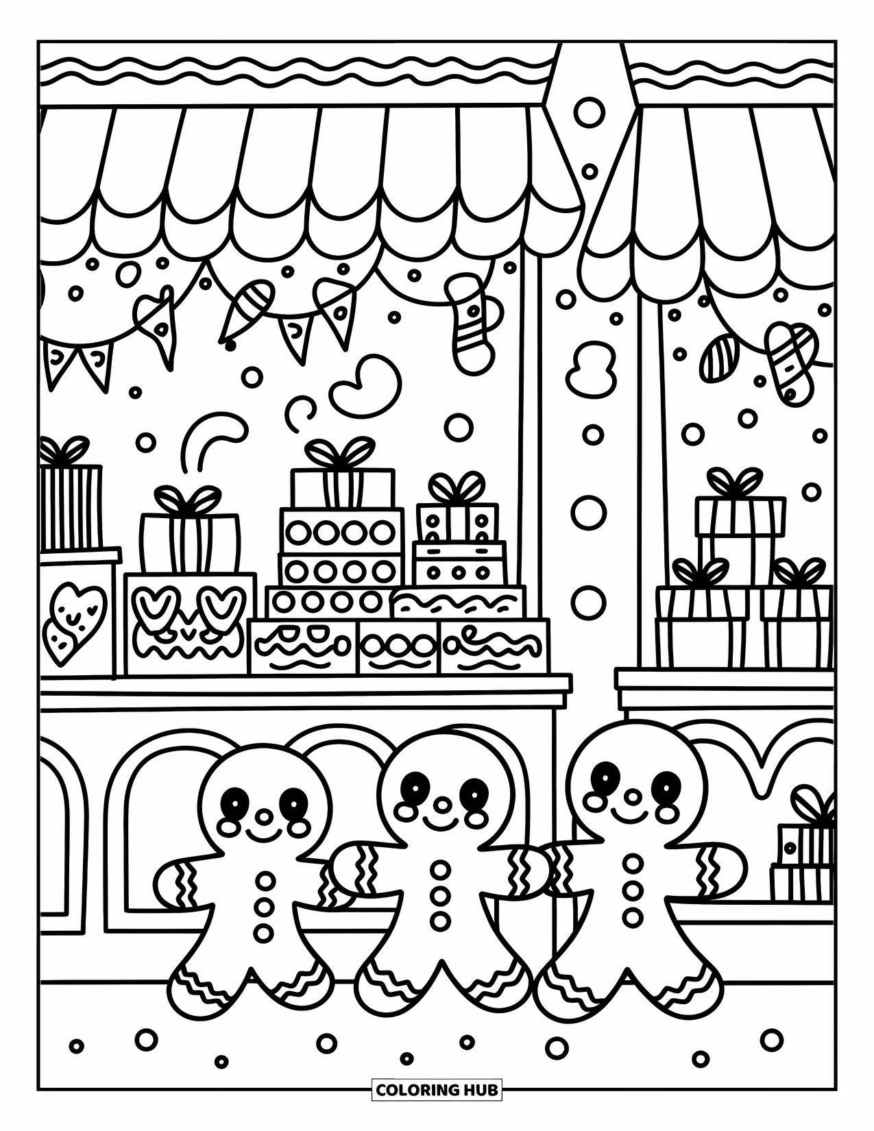 Winter Coloring Page for Adults: A bustling winter market scene where chibi gingerbread cookies sip hot drinks near a candy stall