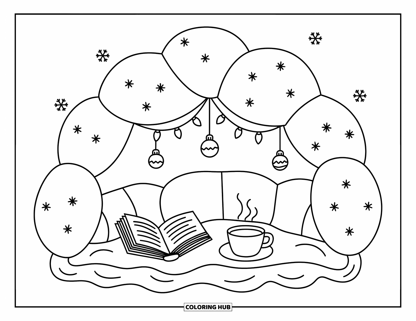 Winter Coloring Page for Adults: A charming igloo-shaped pillow fort filled with fairy lights, snowflakes, and cozy winter vibes