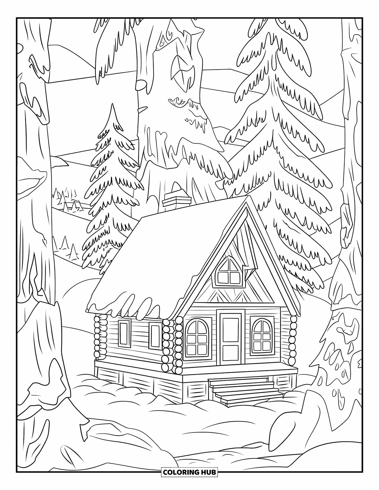 Winter Coloring Page for Adults: A charming winter cabin with a wooden deck, glowing windows, and a snowy landscape with distant mountains