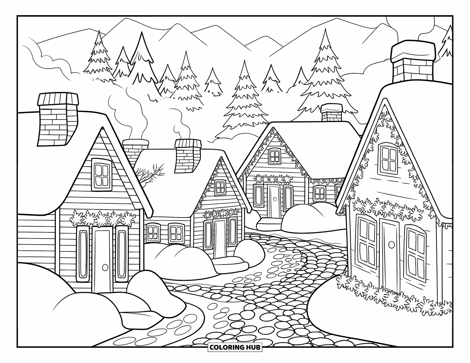 Winter Coloring Page for Adults: A charming winter village with small houses, cobblestone streets, and softly smoking chimneys under a snowy sky