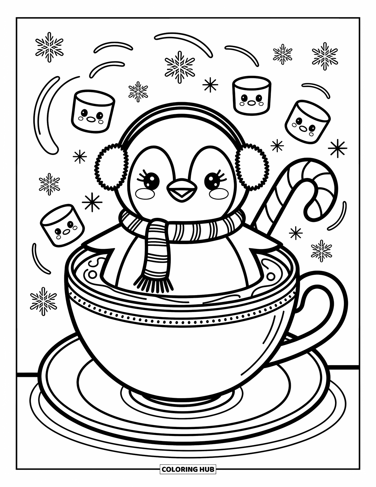Winter Coloring Page for Adults: A chibi bear in a winter coat and scarf, carefully skating on a pond, with footprints and swirly breath lines adding charm