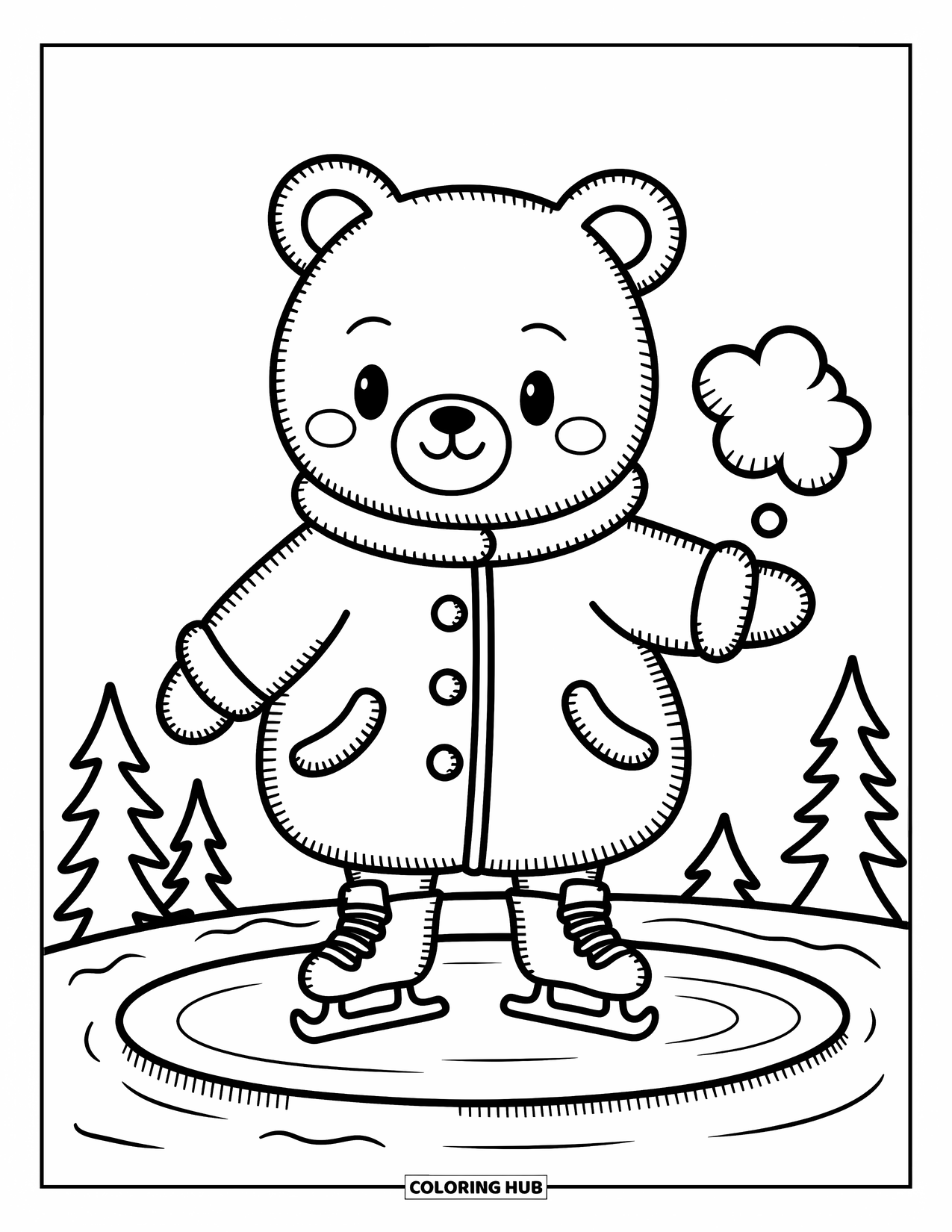 Winter Coloring Page for Adults: A chibi bear in an oversized coat wobbles on an icy pond, trying to ice skate with a tiny puff of breath floating in the air