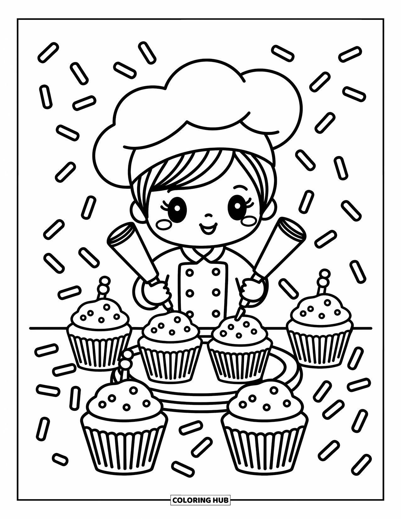 Winter Coloring Page for Adults: A chibi chef joyfully decorates cupcakes with frosting while sprinkles and tiny candies dance around