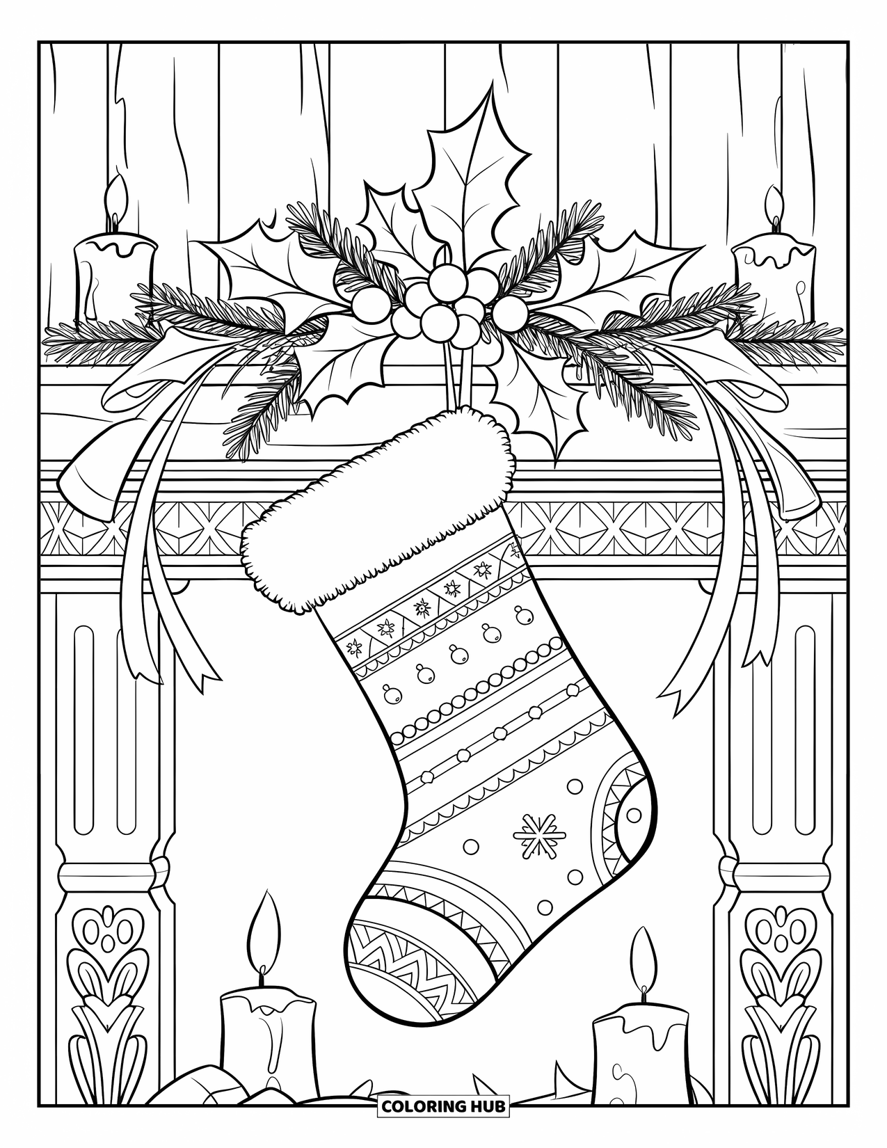 Winter Coloring Page for Adults: A Christmas stocking adorned with holly, pine needles, and ribbons, hanging from an intricately carved mantle