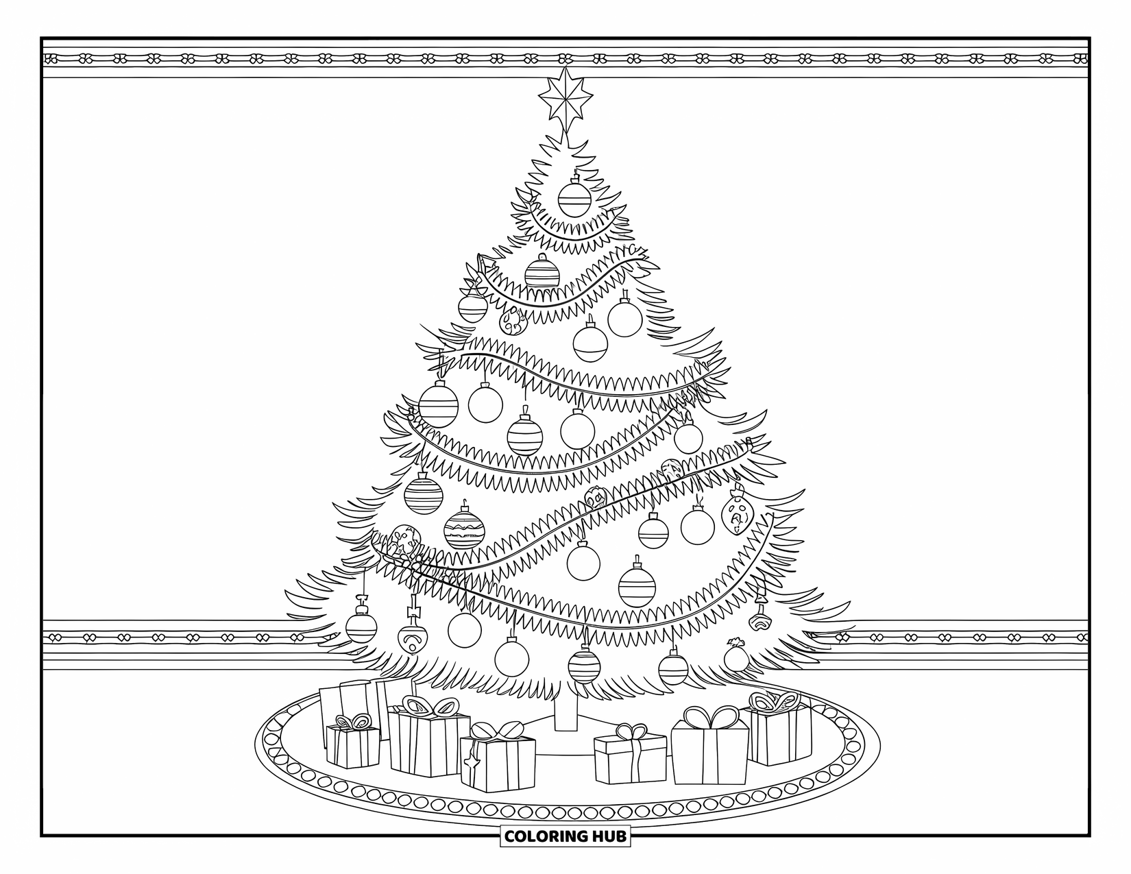 Winter Coloring Page for Adults: A Christmas tree decorated with ornaments and garlands, standing in a cozy room with a patterned rug