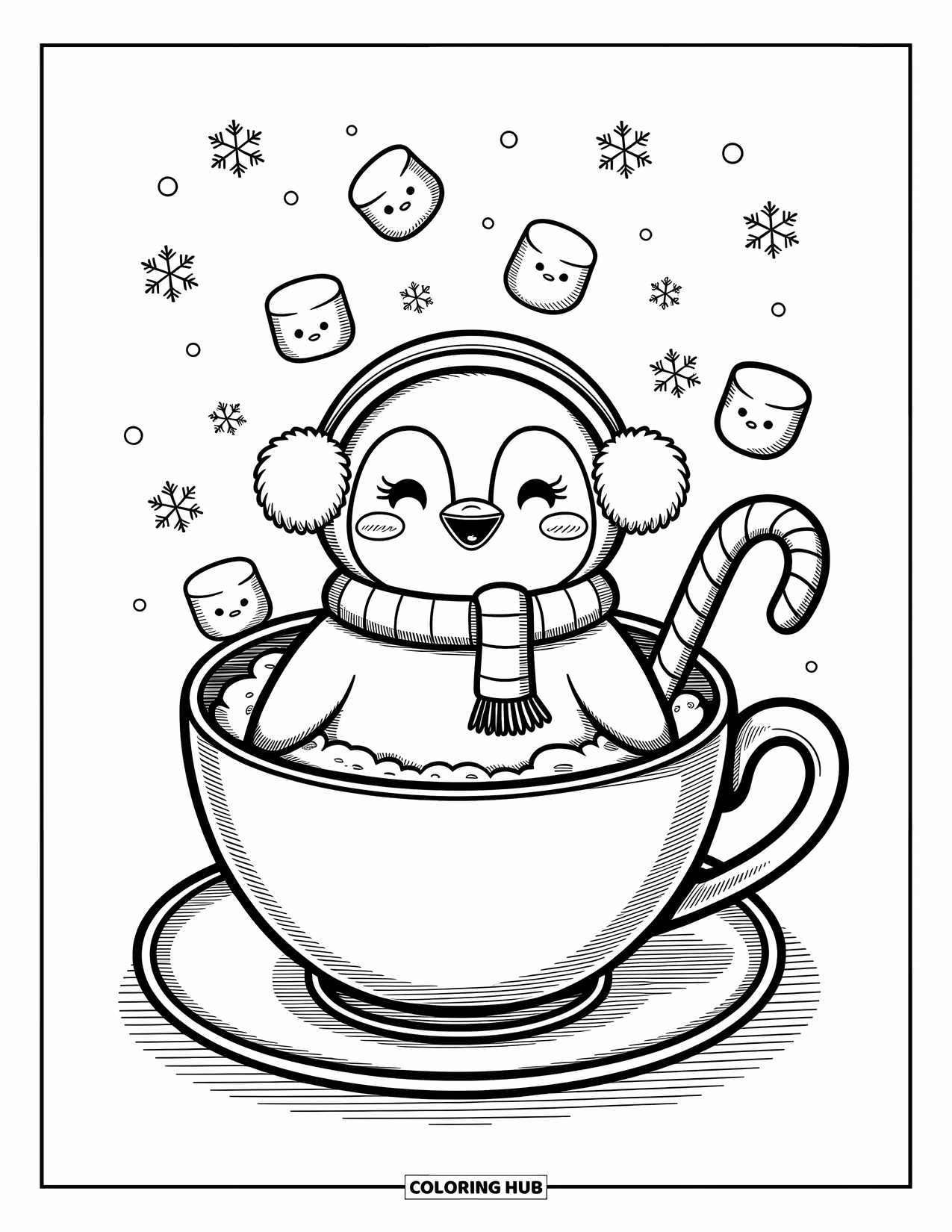 Winter Coloring Page for Adults: A chubby penguin in earmuffs and a scarf sits inside a giant teacup filled with steaming hot cocoa and floating marshmallows