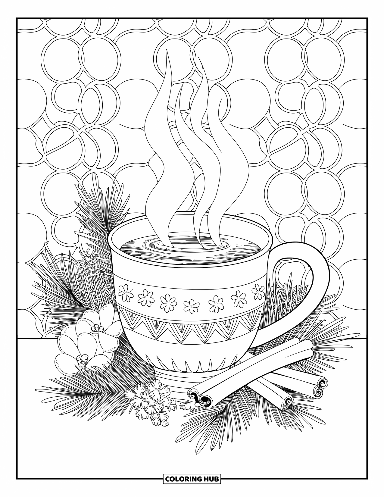 Winter Coloring Page for Adults: A cozy cup of spiced tea with winter flowers, cinnamon sticks, and pine sprigs on a textured surface