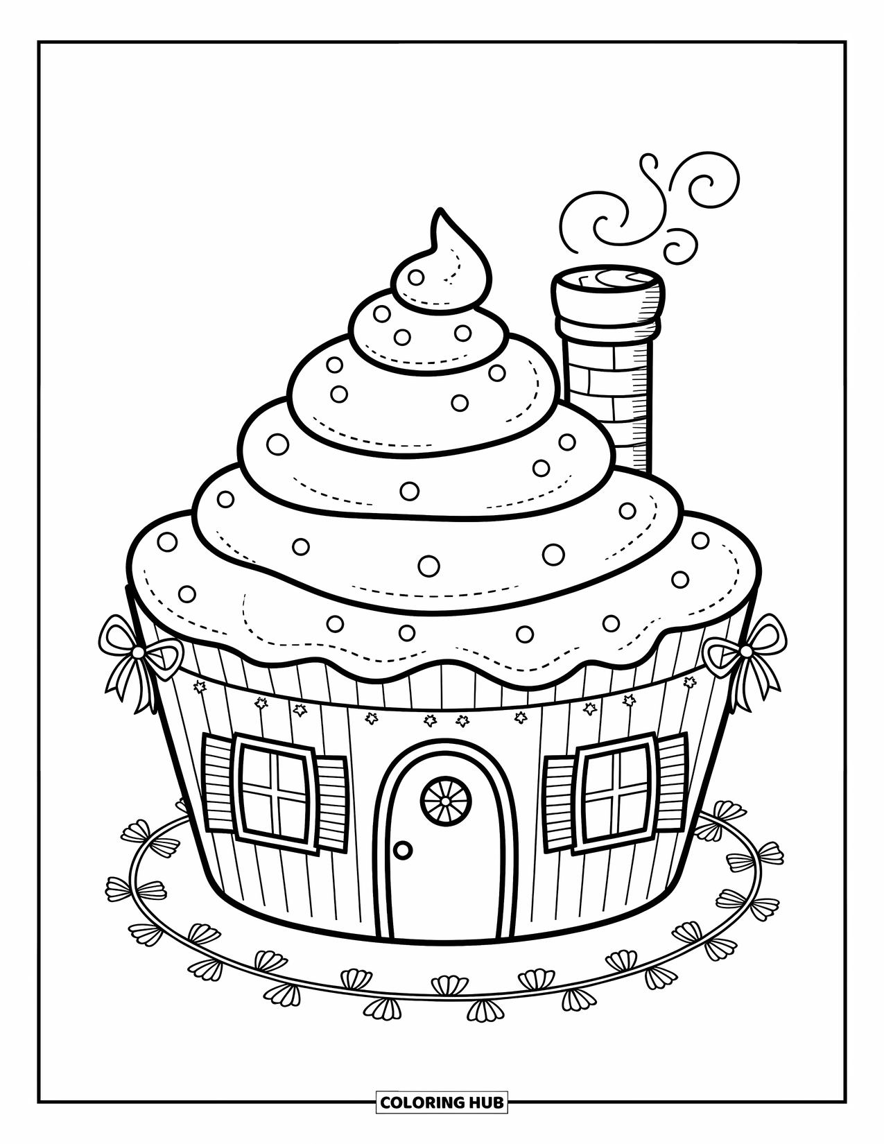 Winter Coloring Page for Adults: A cozy cupcake house with tiny doors, peppermint chimney smoke, and festive decorations