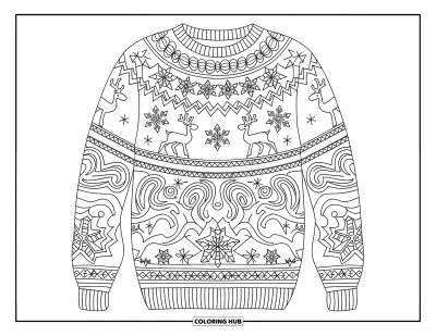 Fargeleggingsark med vinter for voksne: En koselig strikket genser med intrikate mønstre av snøfnugg, reinsdyr og virvlende vinterdesign