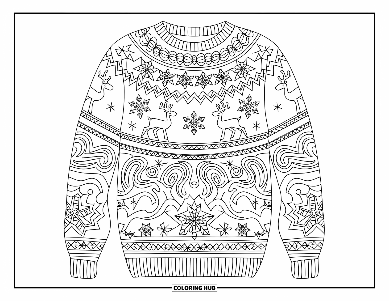 Winter Coloring Page for Adults: A cozy knitted sweater with intricate patterns of snowflakes, reindeer, and swirling winter designs