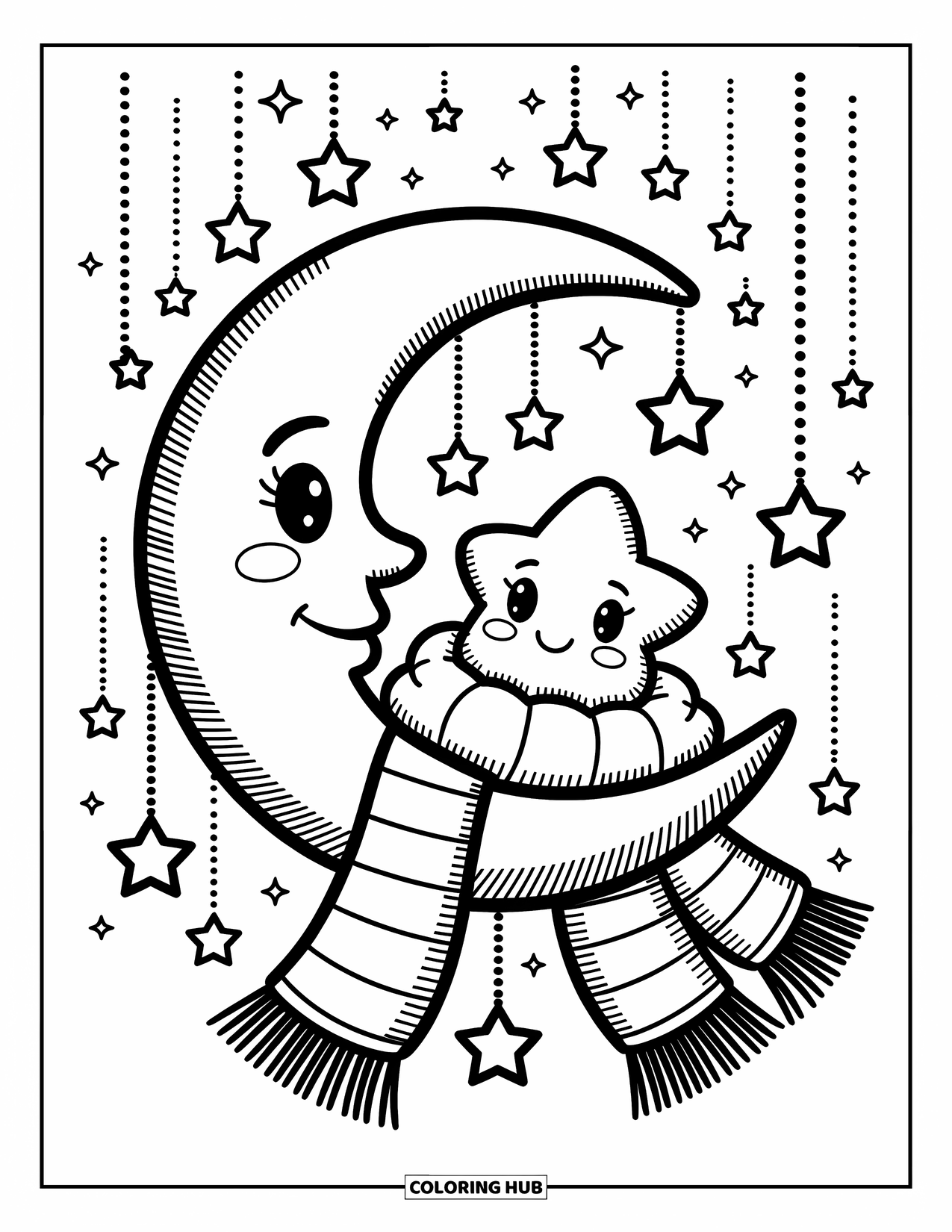 Winter Coloring Page for Adults: A cozy moon with a tiny star resting on it, wrapped in a scarf and surrounded by hanging stars