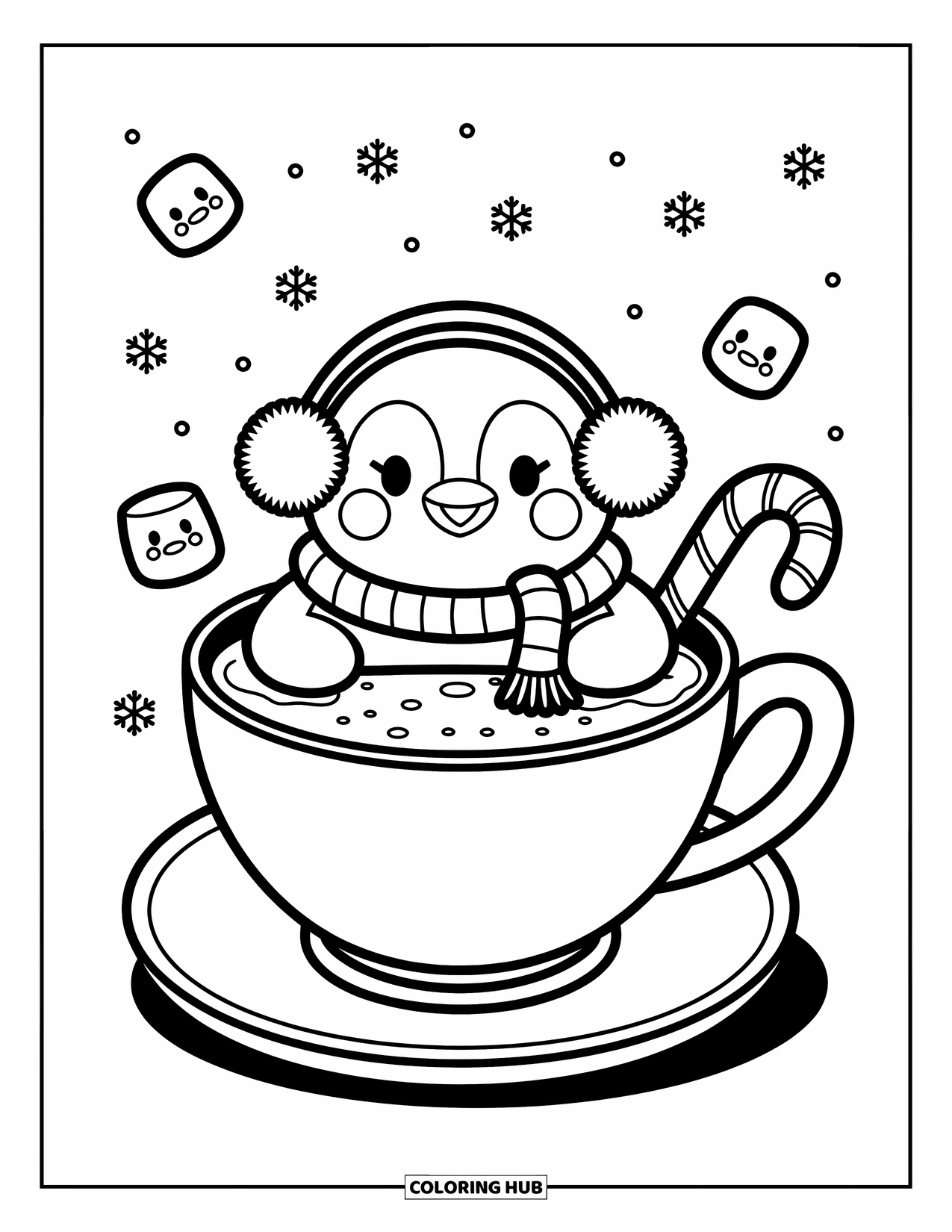 Winter Coloring Page for Adults: A cozy penguin snuggled inside a teacup of hot cocoa, surrounded by marshmallows with expressive faces and a candy cane
