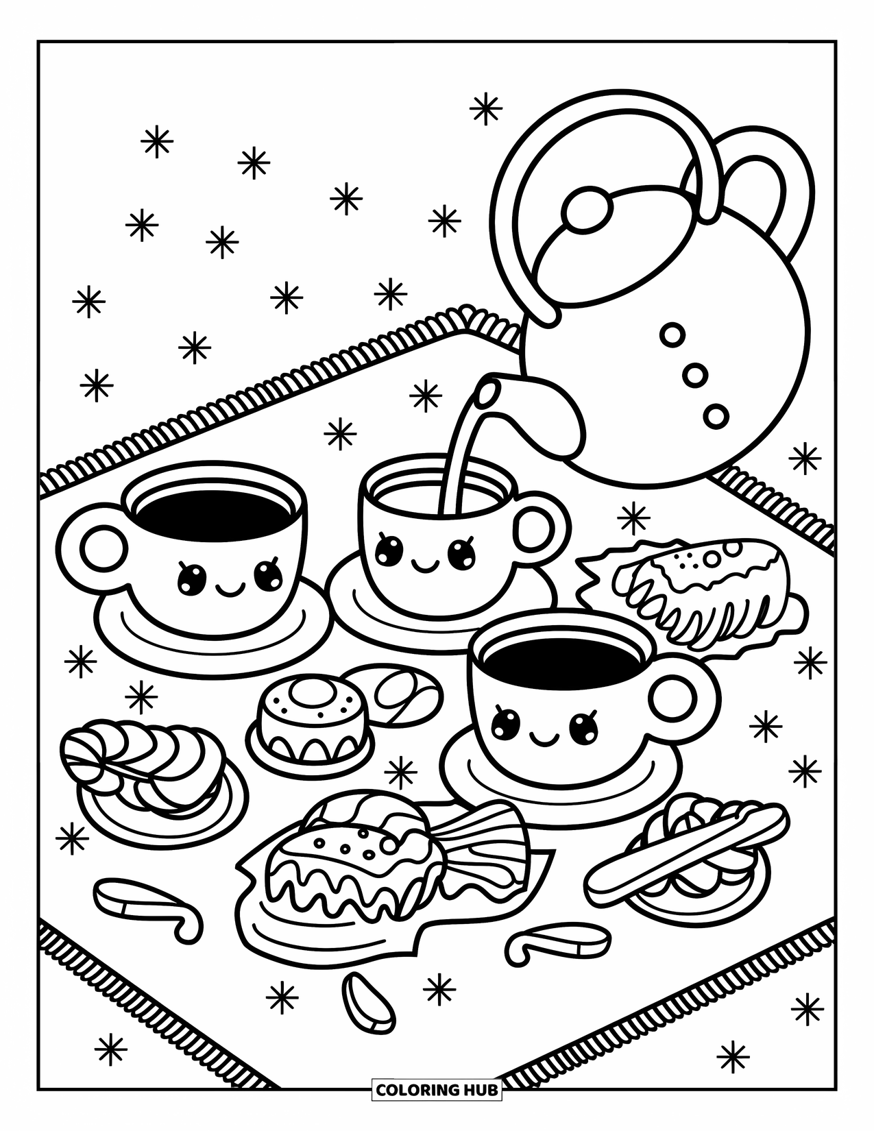 Winter Coloring Page for Adults: A cozy picnic scene with chibi-style hot cocoa cups, frosted pastries, and a snowman-shaped teapot