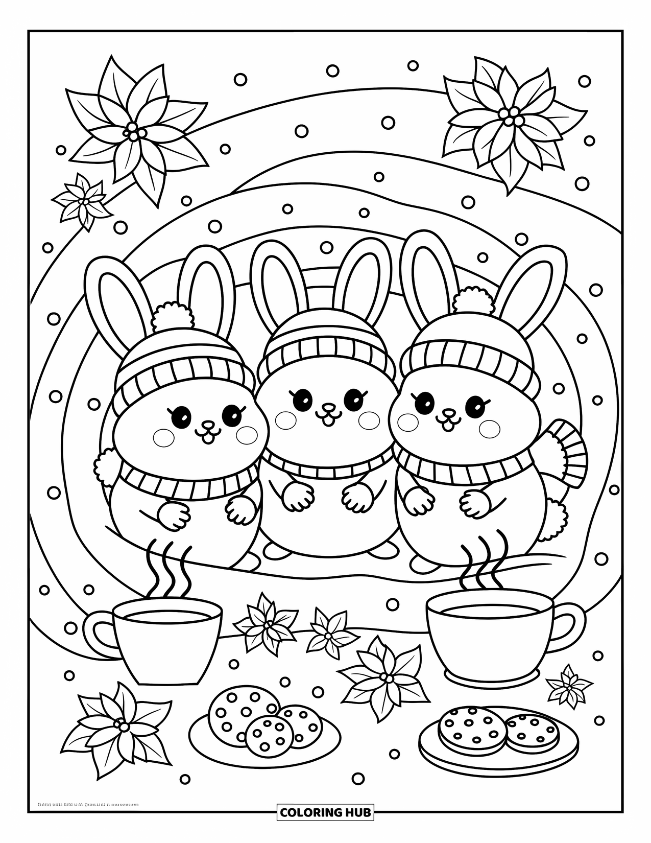 Winter Coloring Page for Adults: A cozy trio of snow bunnies in blankets, sipping tea beside poinsettia flowers and festive treats