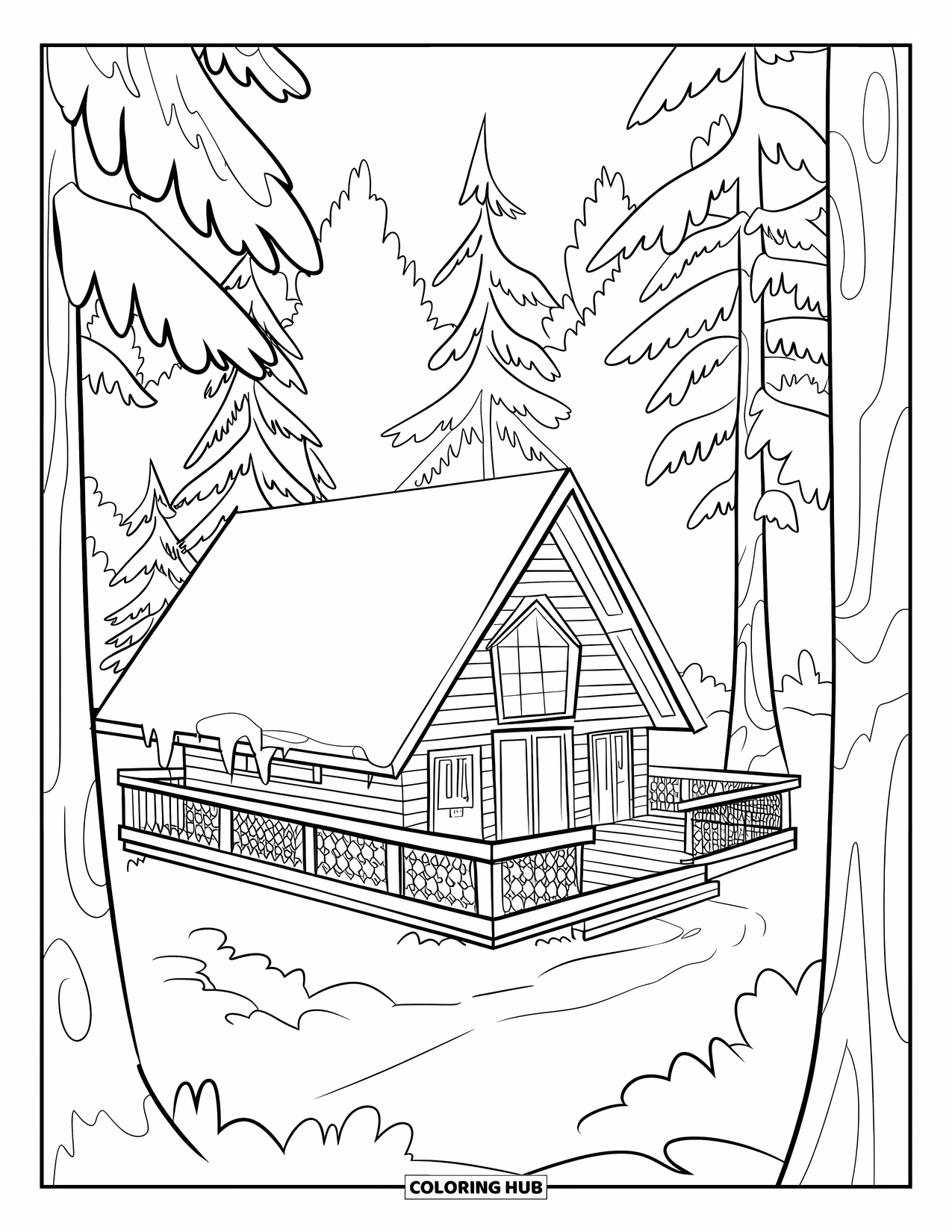 Winter Coloring Page for Adults: A cozy winter cabin nestled in the woods, surrounded by towering snow-covered trees and a winding path