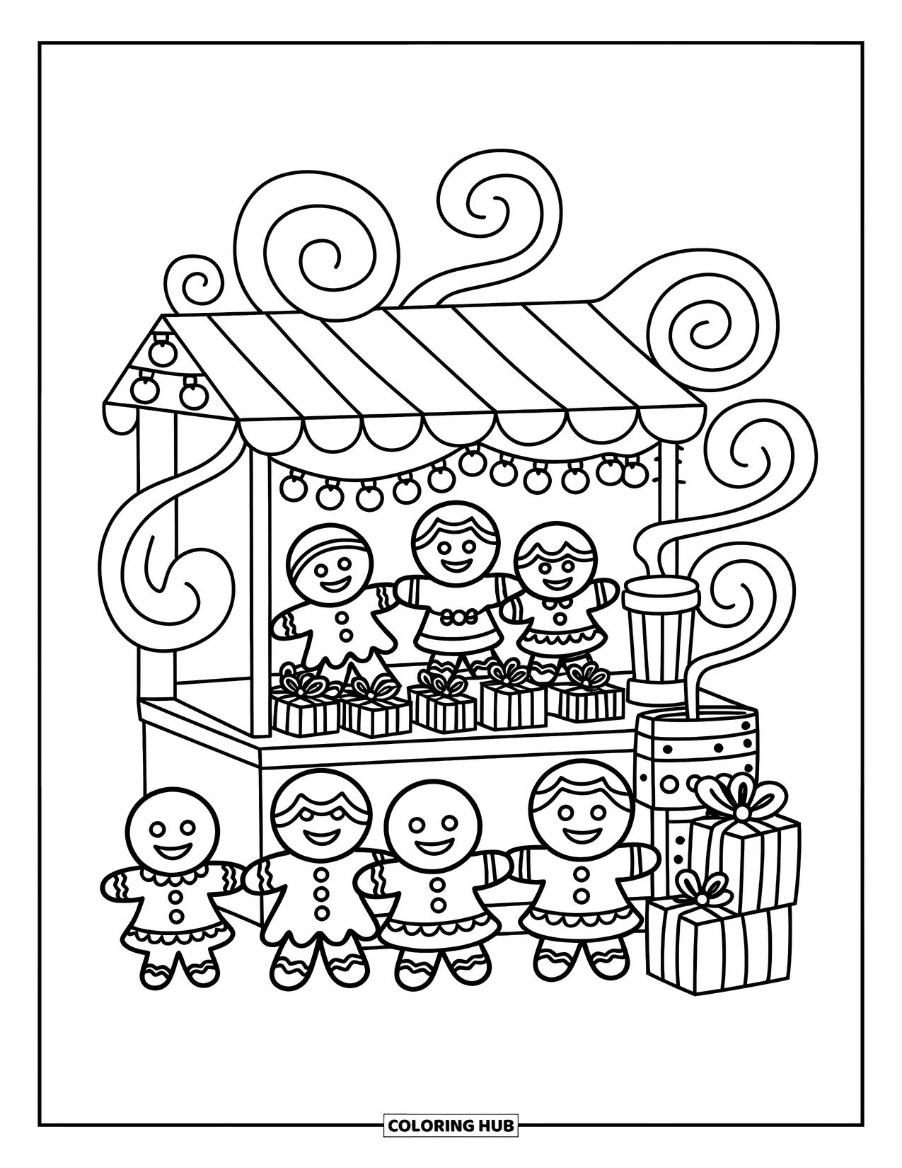 Winter Coloring Page for Adults: A cozy winter market where tiny chibi gingerbread cookies browse a festive candy stall