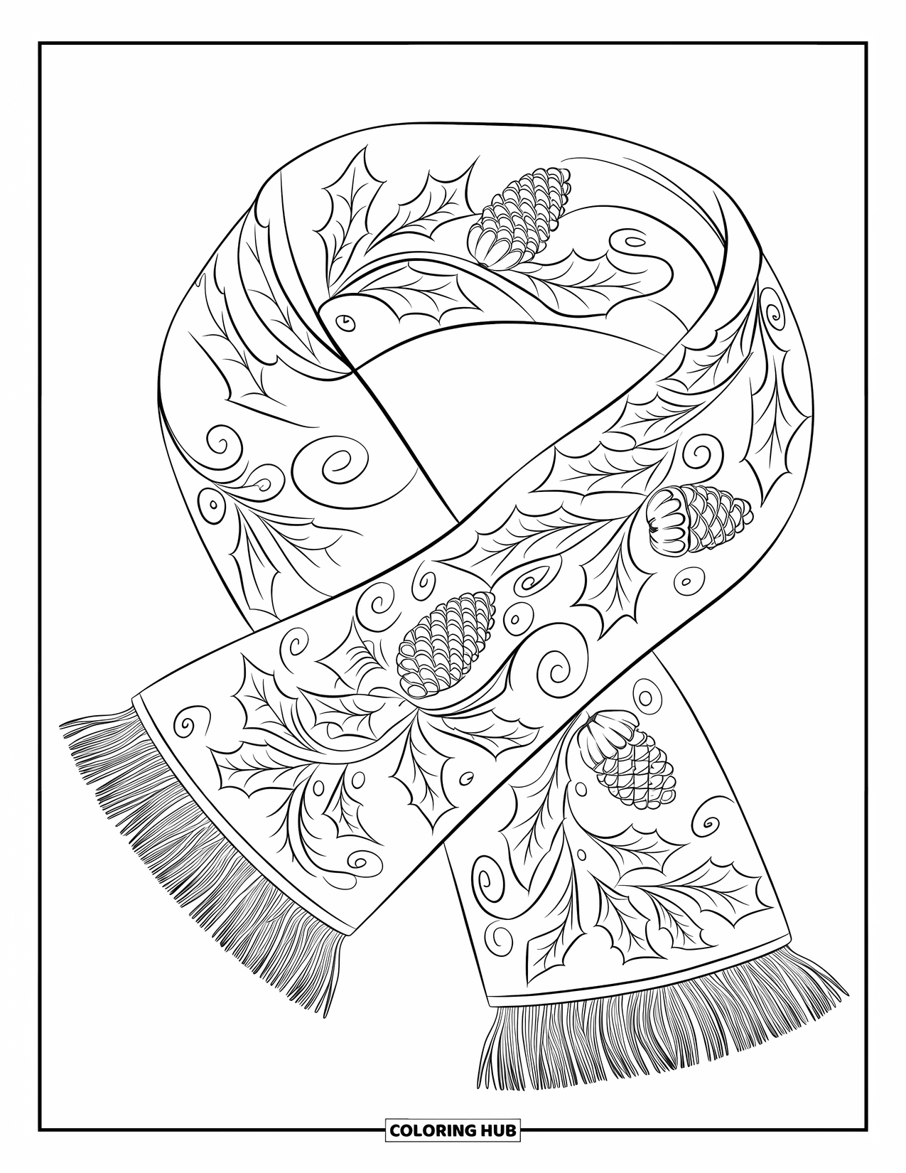 Winter Coloring Page for Adults: A cozy winter scarf with holly leaves, pinecones, and festive swirls draped in soft folds